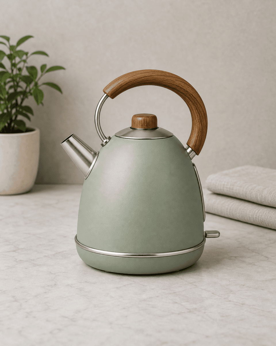 Sage-green kettle photographed in a kitchen before optimization